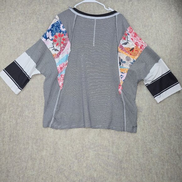 Striped Patchwork Kimono Sleeve Top With Mixed Prints Lightweight Loose Fit - Picture 2 of 6